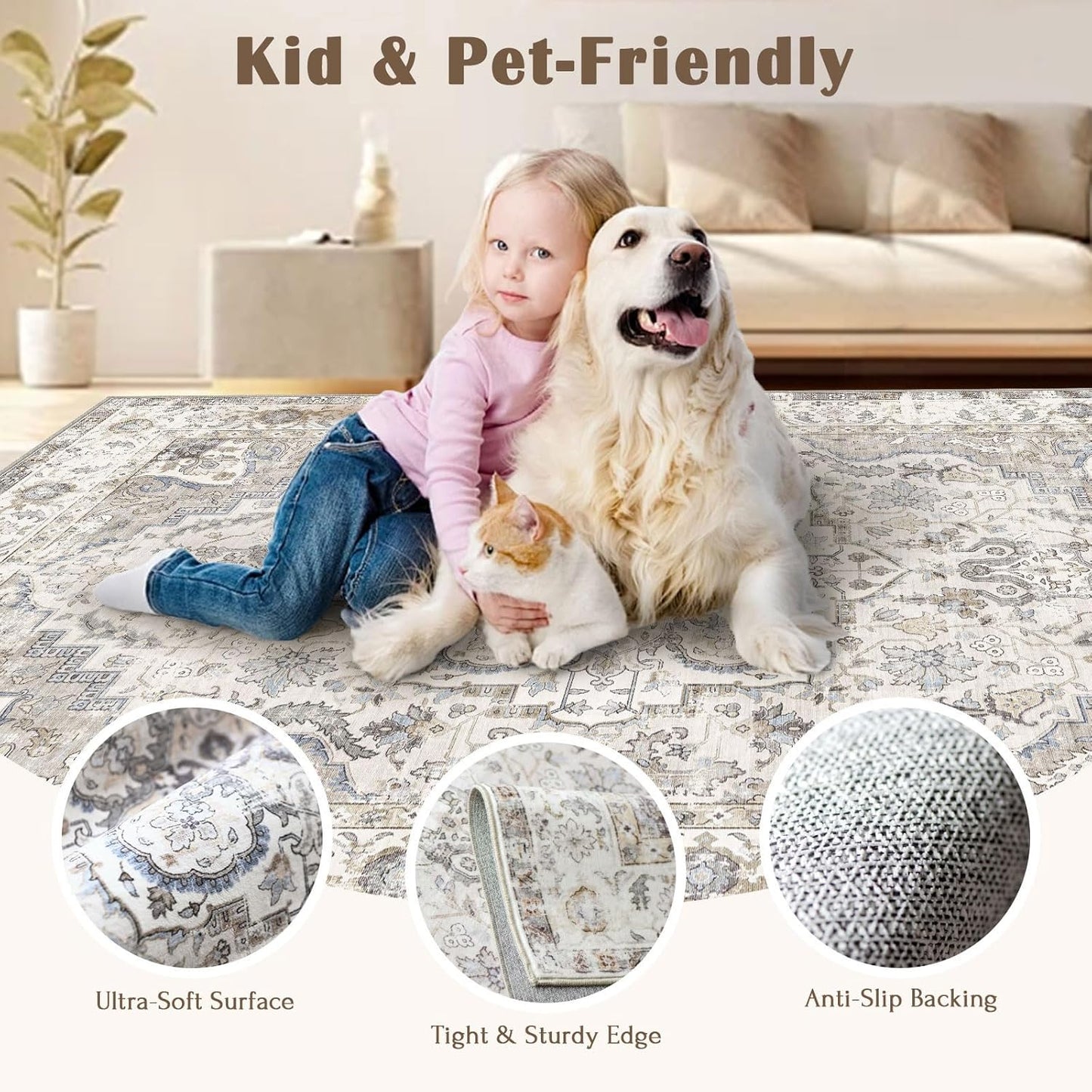 Area Rugs 9x12 Living Room - Large Washable Cream Boho Rugs for Bedroom Soft Vintage Rug Ultra-Thin Farmhouse Oriental Carpet Stain Resistant Rug for Dining Room Guest Room Home Decor