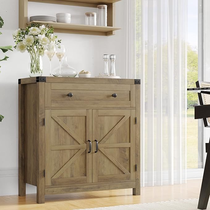 HOSTACK Coffee Bar Cabinet, Kitchen Storage Cabinet, Modern Farmhouse Buffet Sideboard with Drawer and Adjustable Shelf, Barn Door Accent Cabinets for Kitchen, Dining Room, Entryway,Rustic Brown