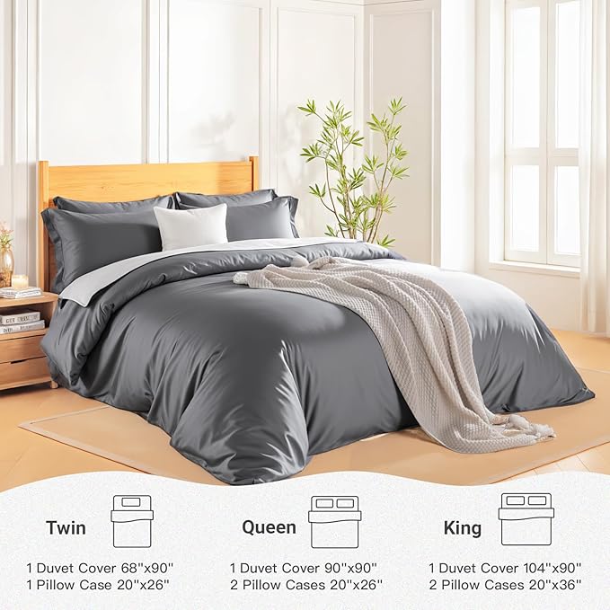NEXHOME PRO Duvet Cover Twin Set, Ultra Soft, Viscose from Bamboo Cooling, 1 Duvet Cover and 1 Pillowcases, 68"x90", Gray, Comforter Not Included