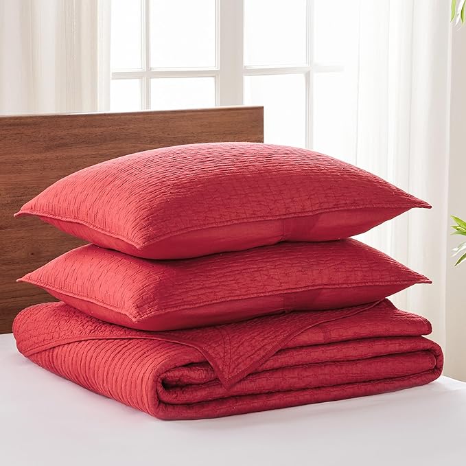Levtex Home Cross Stitch Reversible Queen Bedspread Set (104x106in) with 2 Pillow Shams (26x20in) - Stitch Texture - Chile Red - Cotton Queen Size Bedspread Set - Lightweight, Soft, Pre-Washed