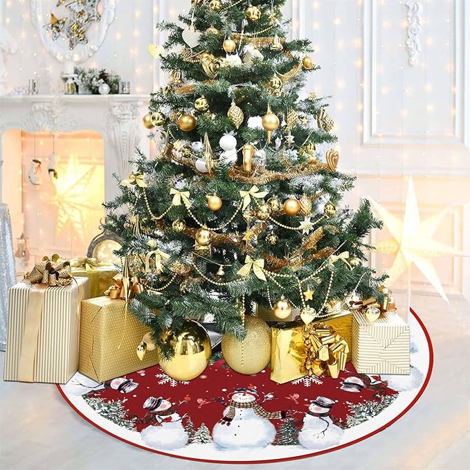 Snowman Christmas Tree Skirt 48 Inches, Red Backgrond Snowflake Pencil Tree Skirt, Winter Xmas Tree Mat Decorations for Home Party Holiday Decorations