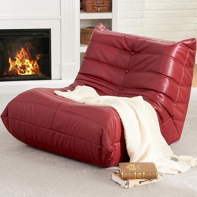 Hobestluk Giant Bean Bag Chair Lazy Floor Sofa, Memory Foam Fireside Sofa for Adults, Big Beanbag Faux Leather Armless Chair for Living Room Bedroom Dorm Office (WineRed, Single)