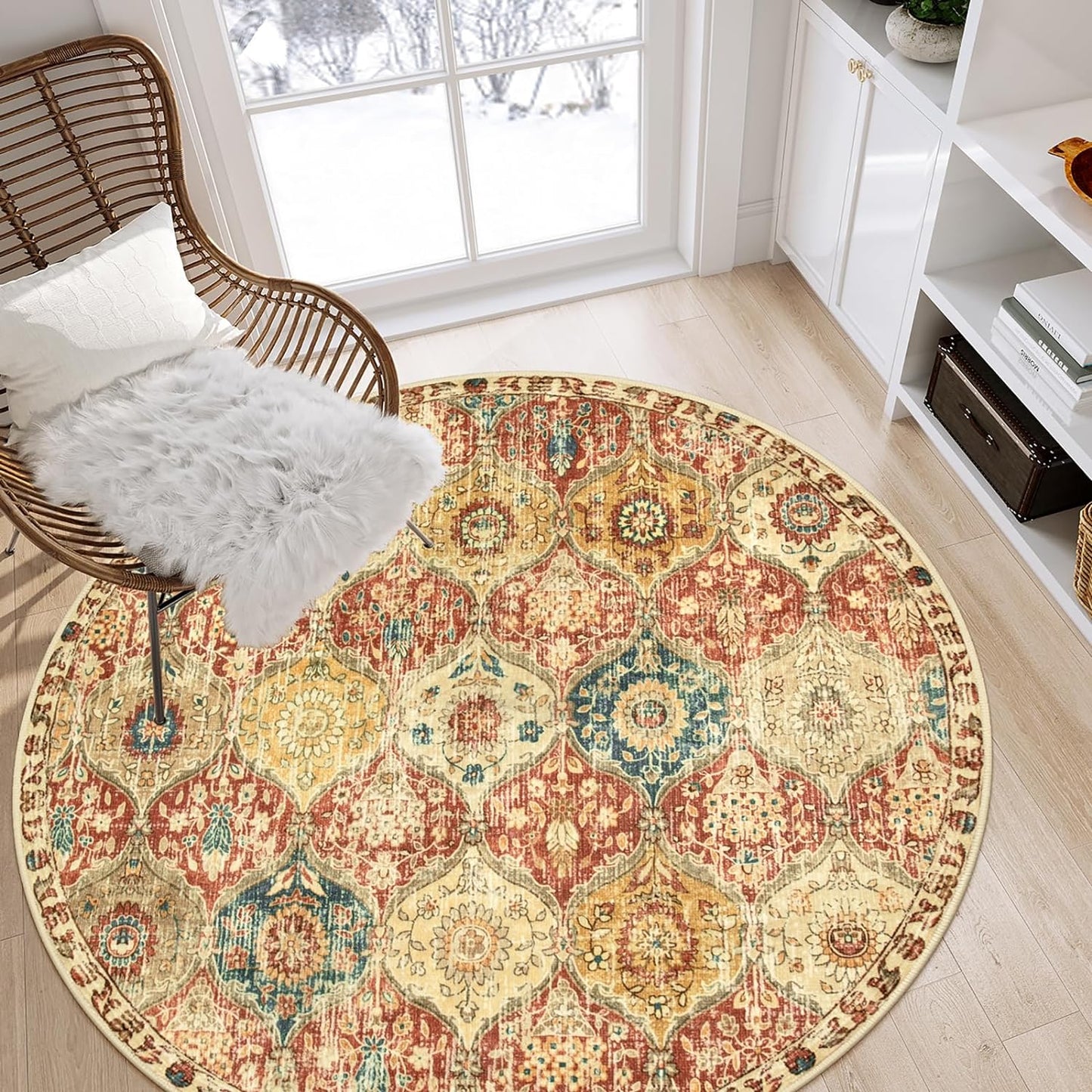 Lahome Moroccan Trellis Washable Round Area Rug, Soft Round Rugs 6ft Ultra-Thin Non-Slip, Vintage Large Circle Carpet for Bedroom Living Room Kitchen Nursery, Red/Orange