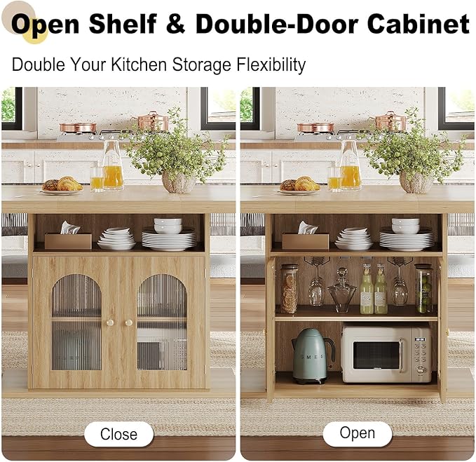 HSH Dining Table for 4–6, 63 Inch Wood Farmhouse Kitchen Table with 3-Tier Storage Shelf and Acrylic Door Cabinet, Rectangular Modern Dining Room Dinner Table for Apartment Home Small Space, Light Oak