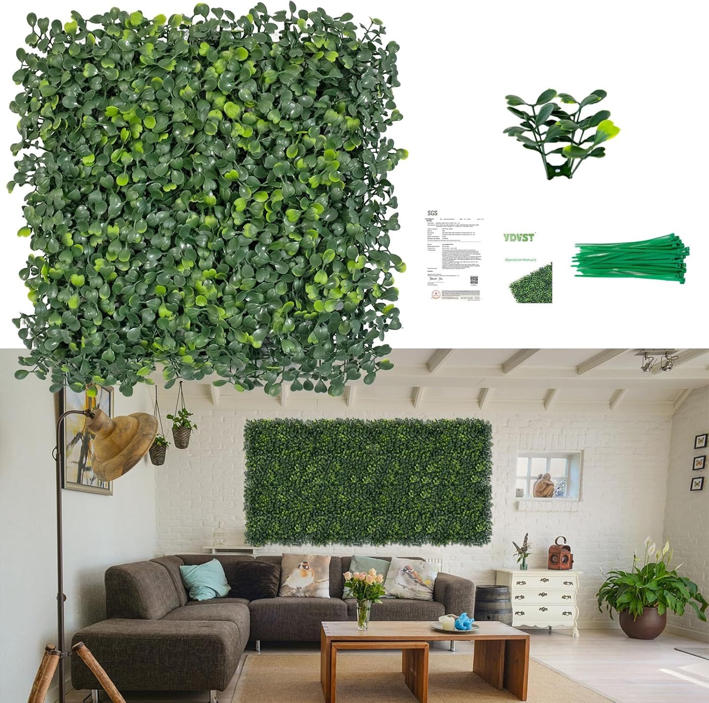 Grass Wall Panels, 10x10Inch 12Pcs UV-Anti Boxwood Greenery Panels with 50 Zip Ties, No Fade Artificial GrassWall Backdrop for Indoor Outdoor Privacy, Birthday Wedding Decor, Home Kitchen Decor