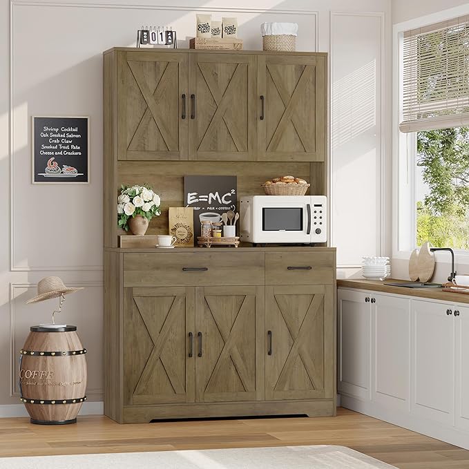 HOSTACK 71" Pantry Cabinet with Charging Station, Tall Kitchen Pantry Storage Cabinet with Microwave Stand, Farmhouse Kitchen Hutch with Storage Drawers for Living Room, Dining Room, Rustic Brown