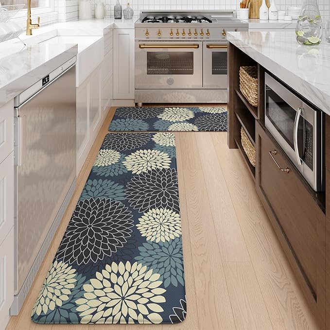 KIMODE Padded Anti Fatigue Rug Sets of 2, Ergonomic Standing Kitchen Rugs 2PCS, Boho Kitchen Mats for Floor 2 Pieces Stain Resistant, Non Slip Kitchen Sink Floor Mat Waterproof, 20"x32"+20"x47", Blue