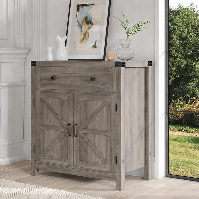 HOSTACK Coffee Bar Cabinet, Kitchen Storage Cabinet, Modern Farmhouse Buffet Sideboard with Drawer and Adjustable Shelf, Barn Door Accent Cabinets for Kitchen, Dining Room, Entryway, Ash Grey