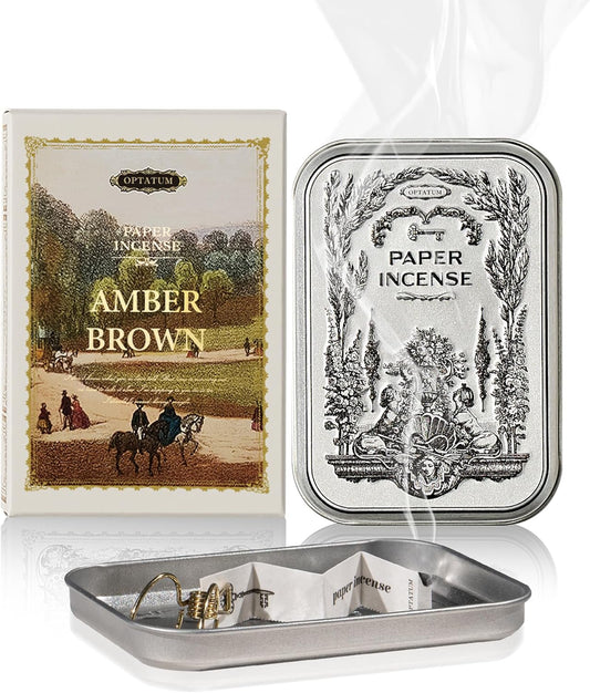 Paper Incense - 48pcs with Vintage Tin Case, Burning Papers Infused with Natural Essential Oils, Quick Usage & Long-Lasting Fragrance, Eliminating Bathroom, Kitchen, Pet Odors - Amber Brown