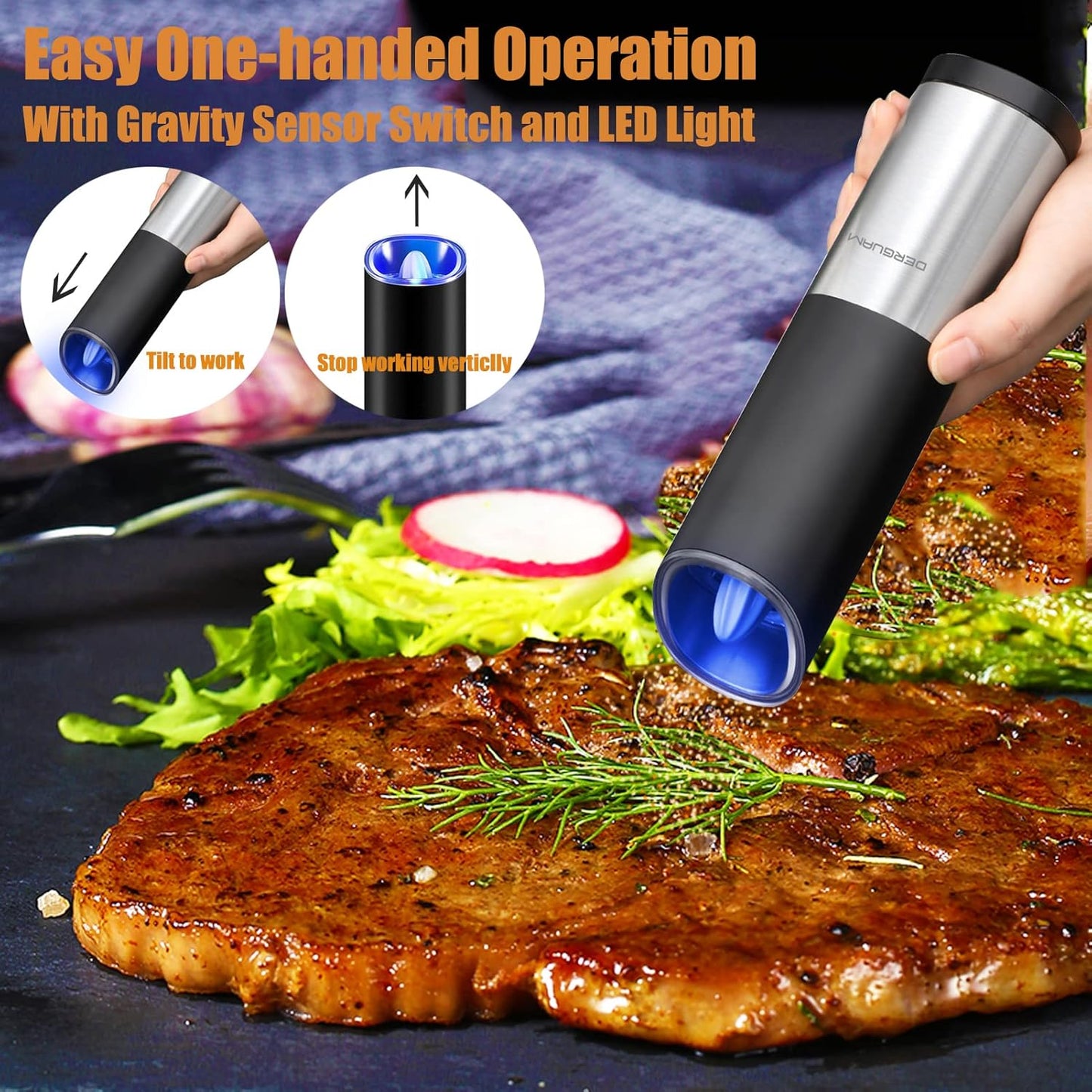 DERGUAM Gravity Electric Salt and Pepper Grinder Set, Stainless Steel Automatic Pepper and Salt Mill Grinder, Salt Grinder Spice Grinder with Adjustable Coarseness and LED Blue Light, Battery Powered