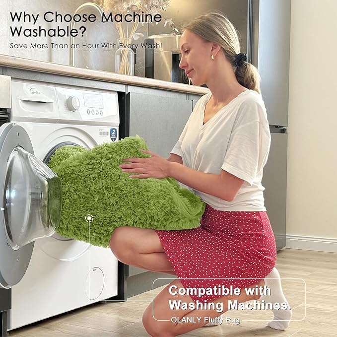 OLANLY 8x10 Machine Washable Large Area Rugs for Living Room, Bedroom, Soft Fluffy Shaggy Bedside Rug, Indoor Floor Carpet for Kids Girls and Boys, Dorms, Nursery, Home Decor Aesthetic, Grass Green