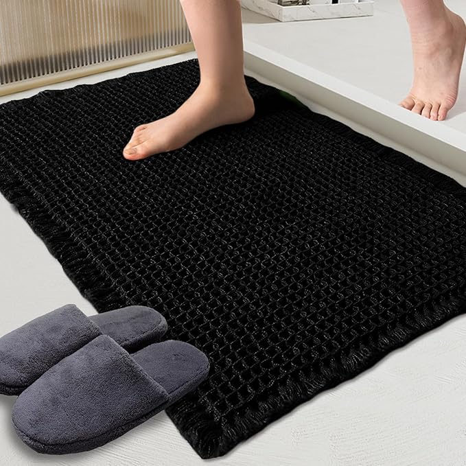 ZALL Waffle Bath Mat Black Super Absorbent Non Slip Bathroom Rug,Rhombus Geometric 24x36inch,Machine Washable Ultra Soft Floor Mats