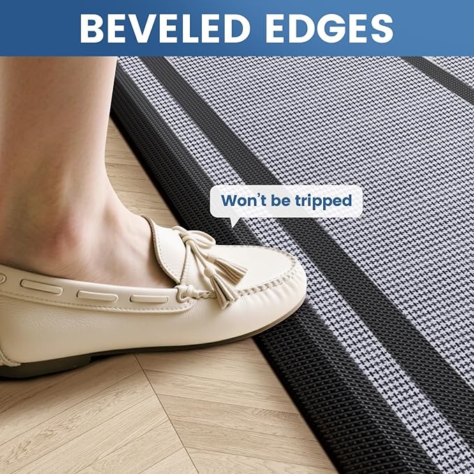 KitchenClouds [2 PCS Kitchen Rugs Cushioned Anti-Fatigue Kitchen Mats for Floor Waterproof Kitchen Rug Set Non-Slip Comfort Standing Mat for Office, Sink, Laundry 17.3"×28"+17.3"×60",Black