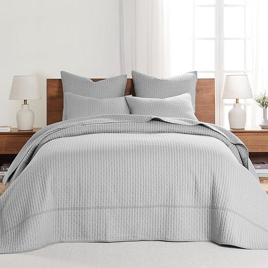 Levtex Home Cross Stitch Reversible Queen Bedspread Set (104x106in) with 2 Pillow Shams (26x20in) - Stitch Texture - Light Grey - Cotton Queen Size Bedspread Set - Lightweight, Soft, Pre-Washed