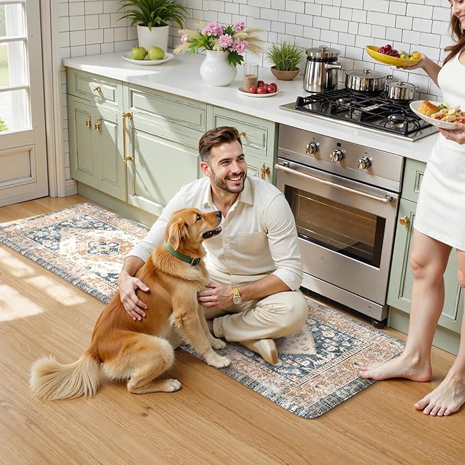 KIMDOE Anti Fatigue Kitchen Mat Kitchen Rugs Non-Skid Waterproof Kitchen Runner Rug Foam Standing Mat for Kitchen Decor,Floors,Laundry,Blue and Gold