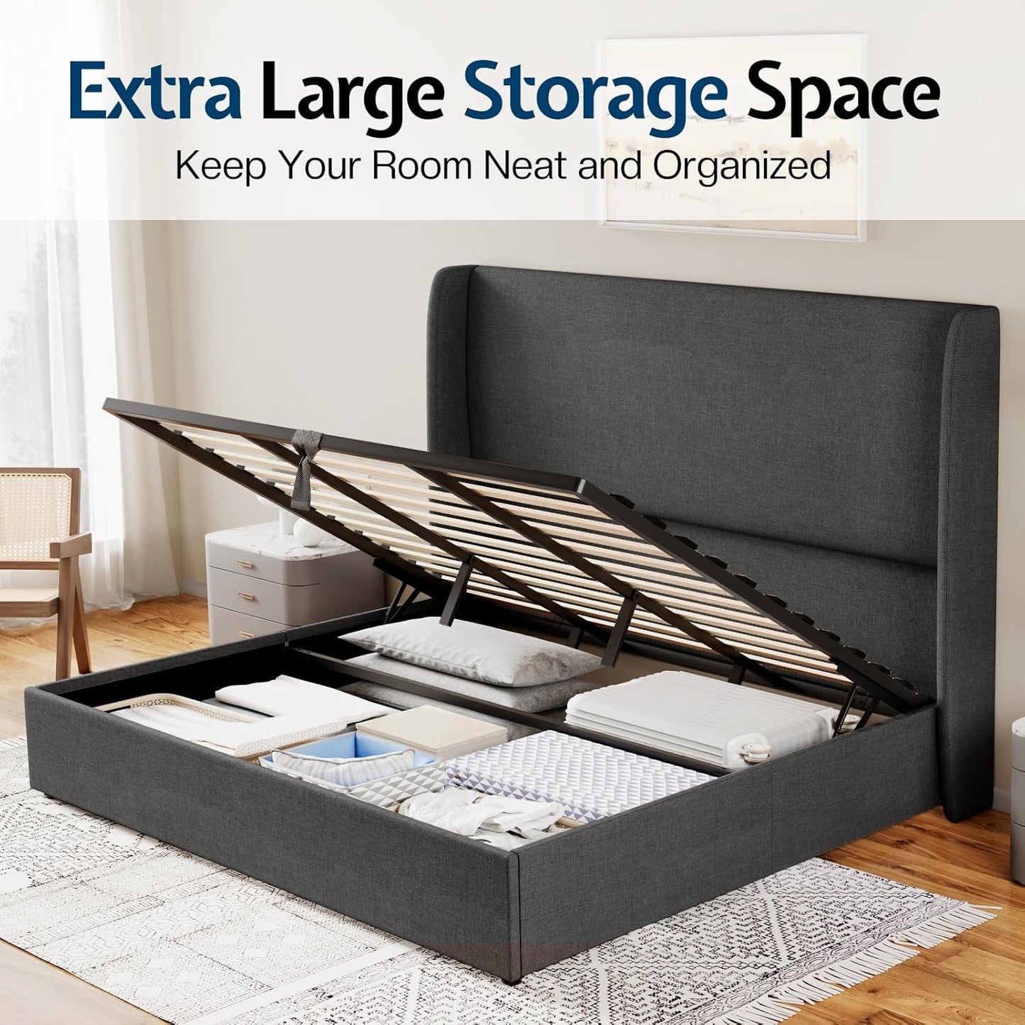 Jocisland King Size Bed Frame Lift Up Storage Bed Upholstered Platform Bed with Wingback Headboard/Hydraulic Storage/No Box Spring Needed/Wood Slats Support/Dark Grey