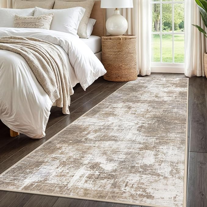 IOHOUZE Abstract Runner Rug 3x8 Ft Washable Runners for Hallways, Non Slip Kitchen Runner Printed Faux Wool Entryway Runner Indoor, Modern Abstract Floor Carpet for Hall Kitchen Bedroom, Beige Brown