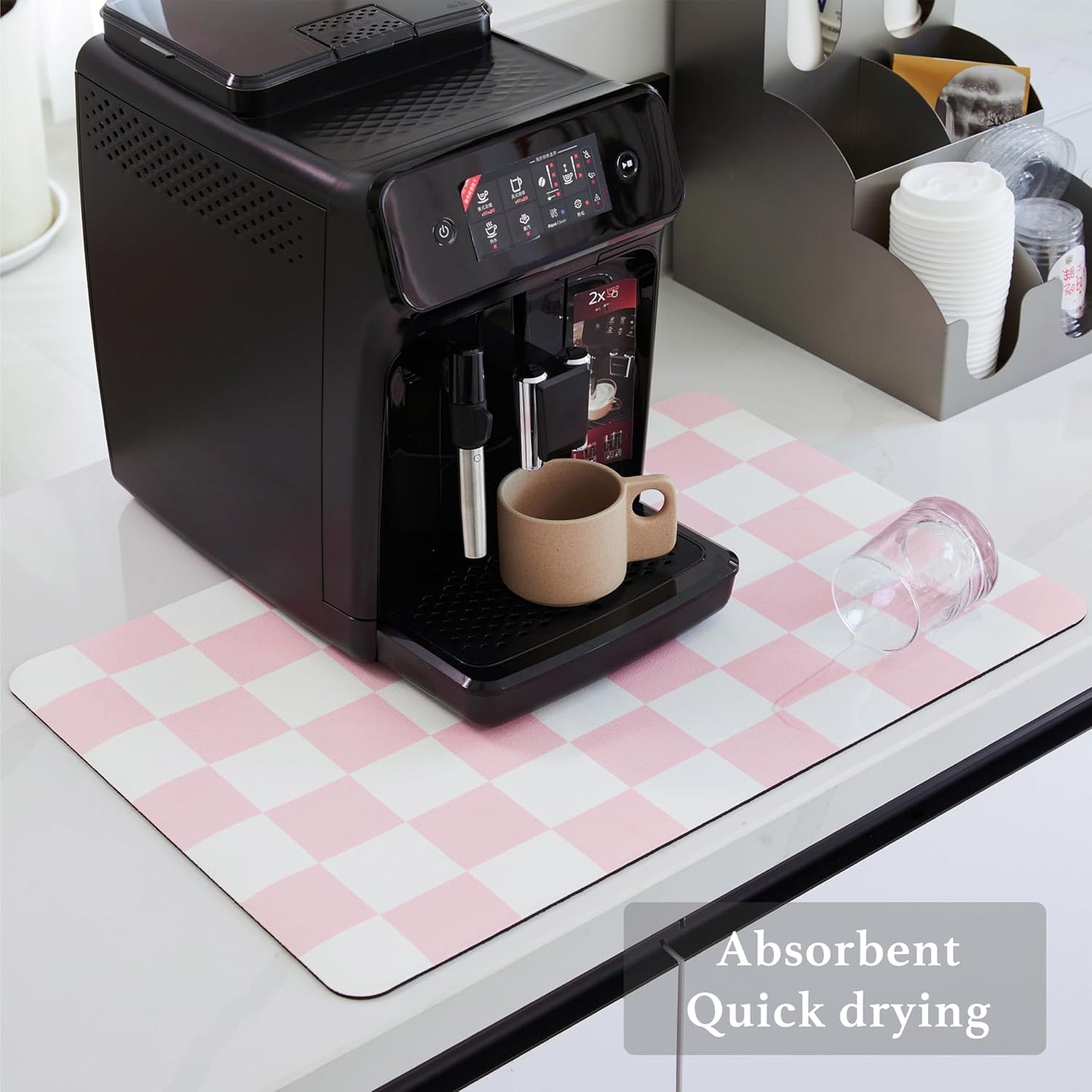 Checkered Dish Drying Mat for Kitchen Counter, Coffee Bar Station Accessories, Retro Cute Aesthetic Girly Women Modern Absorbent Drainer Mat Kitchen Drying Mat Easy Clean, Pink 12" x 19"