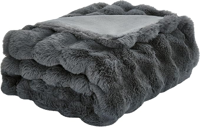 JONIYEAR Solid Thick Bubble Faux Rabbit Fur Throw Blanket 50" x 60", Decorative Bumpy Cute Cozy Fluffy Gray Warm Blanket for Winter,Reversible Luxe Fuzzy Textured Poofy Comfy Shag Furry Blankets, Grey