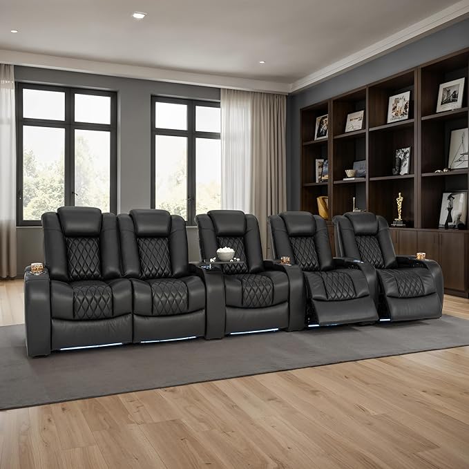 Seatcraft Diamante Zero-Gravity CoolZero Italian Leather Home Theater Seating, Power Headrest, Power Recline, Row of 5 Left Loveseat, Black