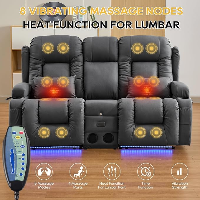 IPKIG 67" Power Reclining Loveseat Sofa, Electric Home Theater Seating with Console/4 Colors Ambient Lighting/Bluetooth Speakers/USB Ports/Built-in Outlets (Dark Grey, Loveseat Recliner)