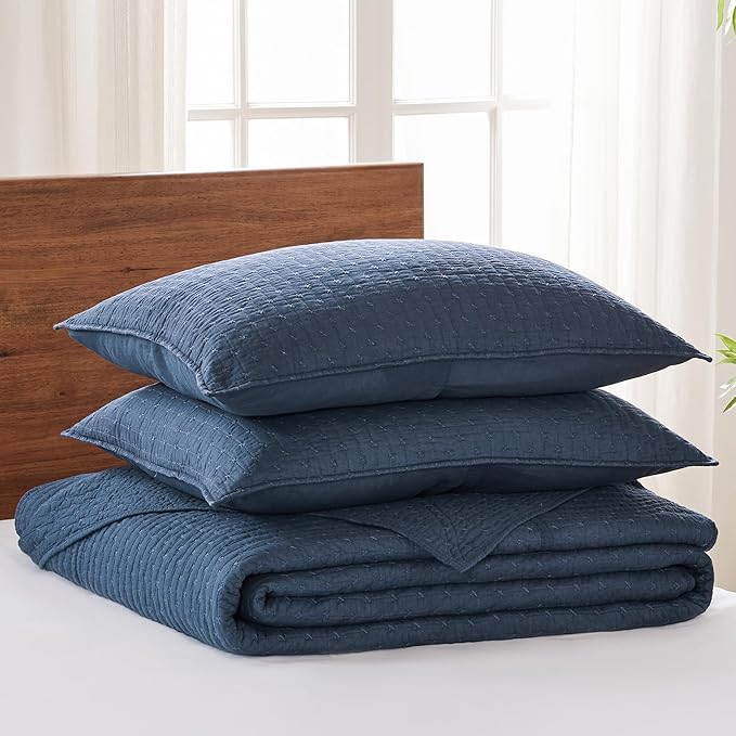 Levtex Home Cross Stitch Reversible Twin Bedspread Set (84x104in) with 1 Pillow Sham (26x20in) - Stitch Texture - Navy - Cotton Twin Size Bedspread Set - Lightweight, Soft, Pre-Washed