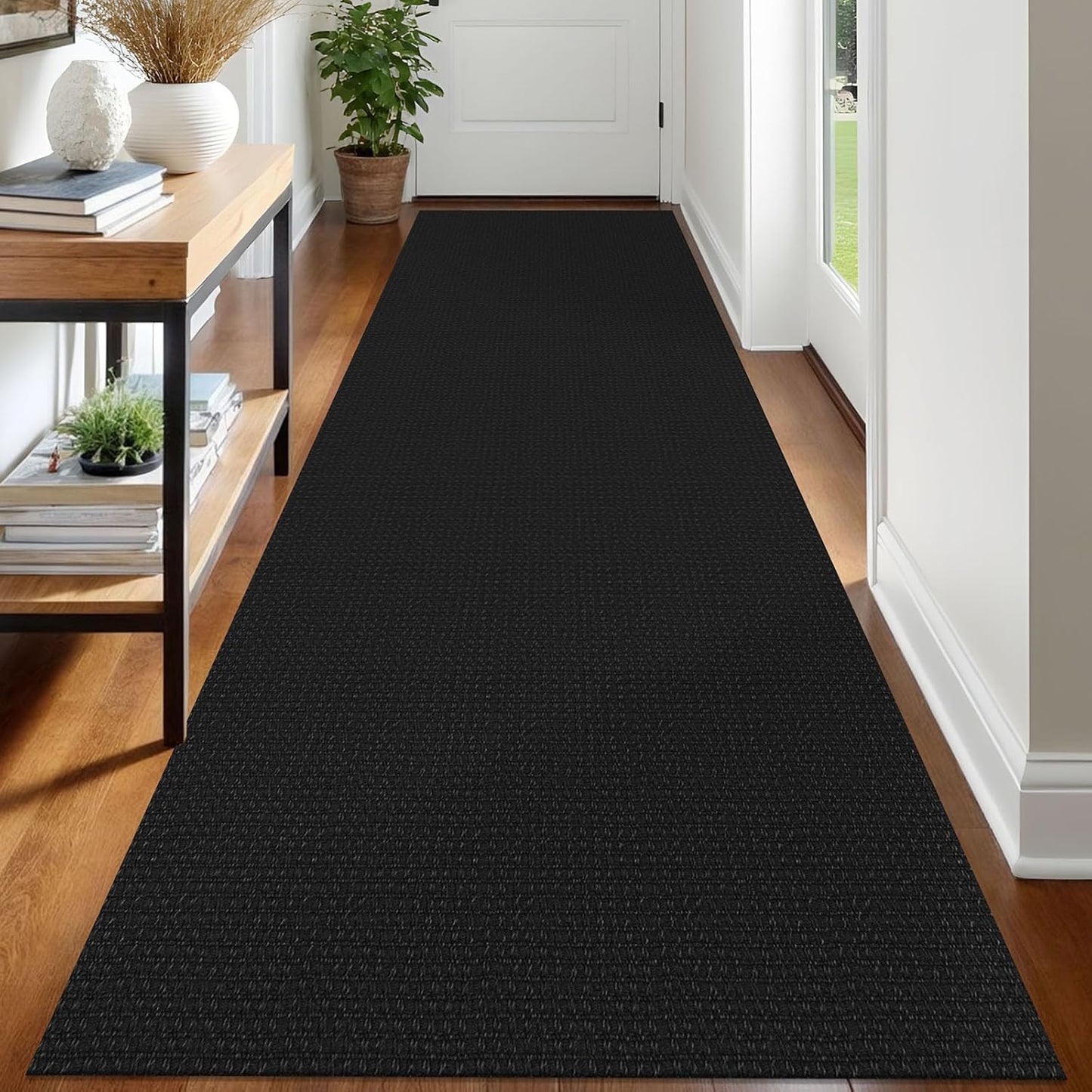 IOHOUZE Washable Runner Rug 3x12 Non Slip Rubber Backed Extra Long Hallway Runner Entryway Runner Indoor, Kitchen Rugs Woven Cotton Floor Carpet for Hall Entrance Stair, Black/Grey