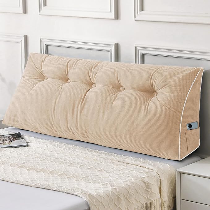Sasttie Headboard Pillow Full, Wedge Pillow Headboard for Sitting Up in Bed, Back-Rest Support Triangular Cushion for Reading - Features Removable Washable Cover, Beige