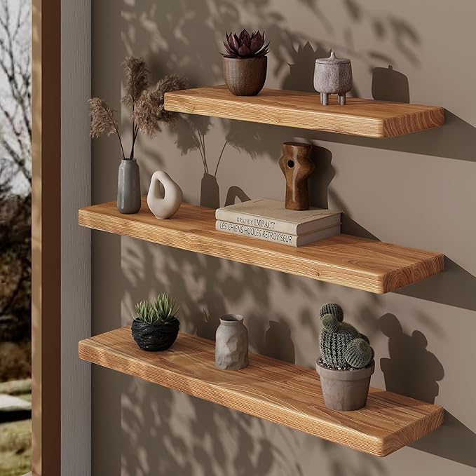 36" Rustic Elm Wood Floating Shelves, 8 Inch Deep Wall Shelves for Home Decor, Wall Mounted Floating Shelf with Invisible Bracket, Heavy-Duty Storage & Display Shelf for Living Room, Kitchen, Set of 2