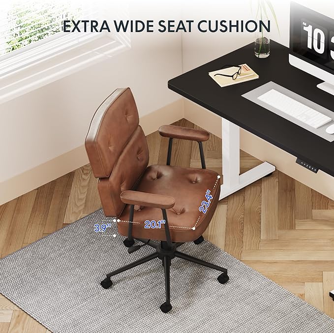 FLEXISPOT Vanity Chair with High Back Makeup Chair for Vanity Desk, Comfortable Home Office Desk Chairs 23.4 * 20.1in Wide Seat Cross Legged Office Chair with Wheels, Brown