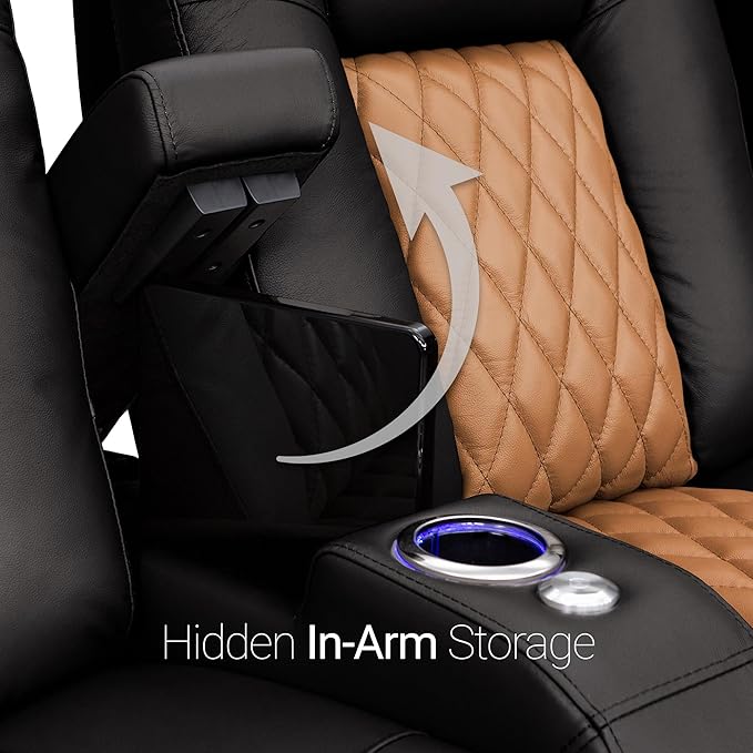 Seatcraft Diamante - Home Theater Seating - Living Room - Power Recline - Italian Leather - Powered Headrests - Cupholders - USB Charging - Ambient Lighting - Arm Storage, Black/Tan Oak, Row of 5