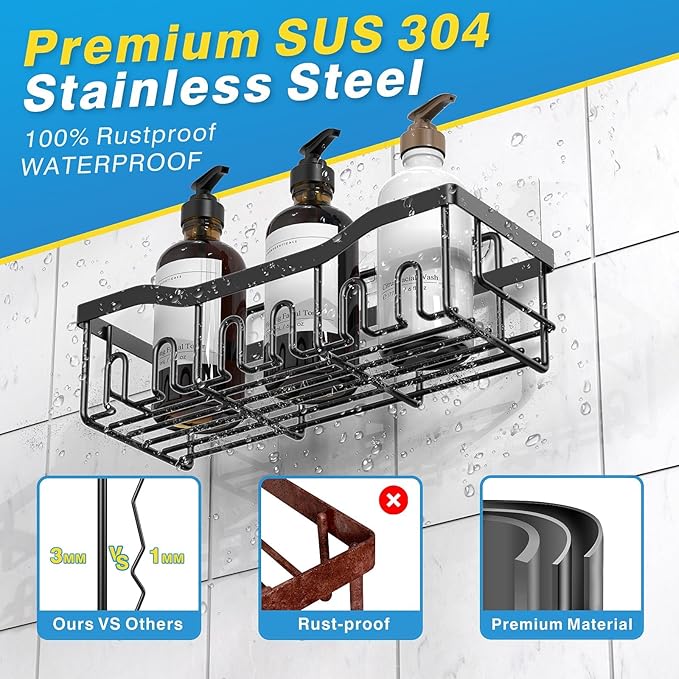 5-Pack Rustproof Stainless Steel Shower Caddy Set– No Drill Adhesive Bathroom Organizer, Space-Saving Shower Shelves for Apartment Essentials, Bathroom/Kitchen Storage Home Decor-L Size