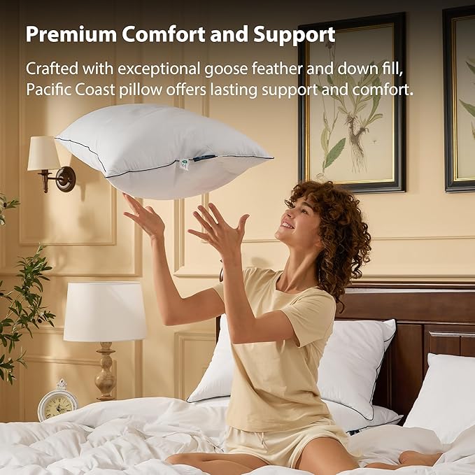 Pacific Coast Bed Pillow, Luxury Hotel Collection Goose Feather and Down Pillow for Sleeping with Classic Diamond Pattern, Medium Supportive, Standard Size 1 Pack