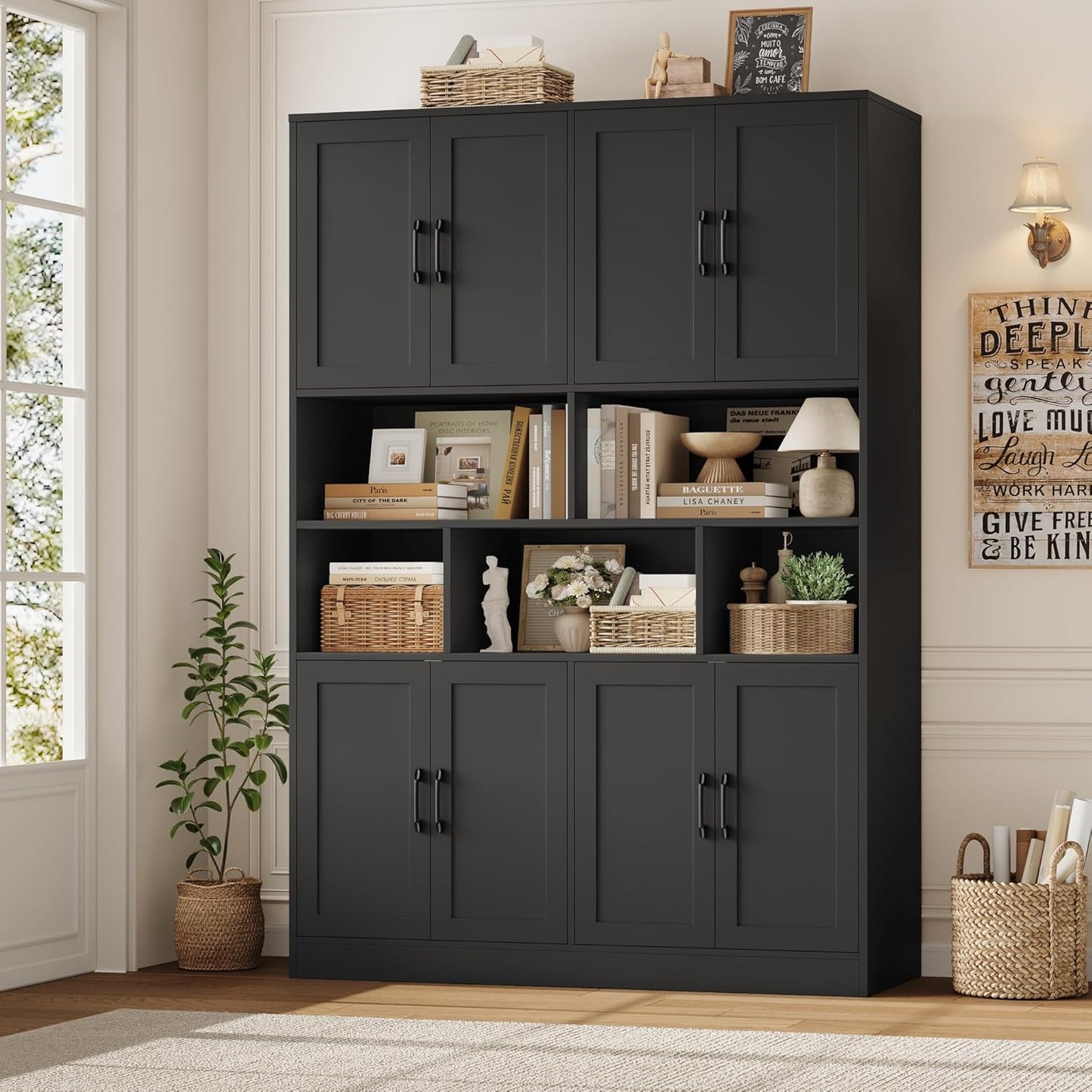 HORSTORS 71" Tall Storage Cabinet, Large Kitchen Cabinet with Deep Shelves and Doors, 47" Freestanding Display Shelf with Storage for Home Office, Living Room, Black