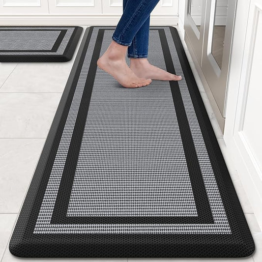 KitchenClouds [2 PCS Kitchen Rugs Cushioned Anti-Fatigue Kitchen Mats for Floor Waterproof Kitchen Rug Set Non-Slip Comfort Standing Mat for Office, Sink, Laundry 17.3"×28"+17.3"×60",Black