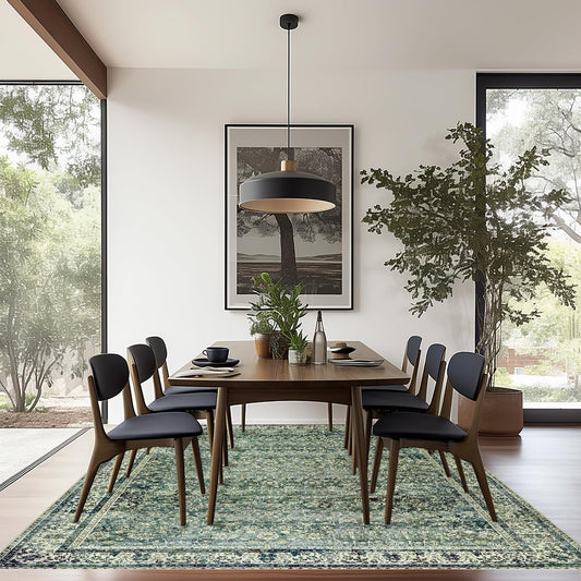 Dark Emerald Green Area Rugs 8x10 for Living Room,Washable Faux Wool Moody Floral Boho Vintage Oriental Indoor Large Carpet for Bedroom Under Bed Dining Room Under Table