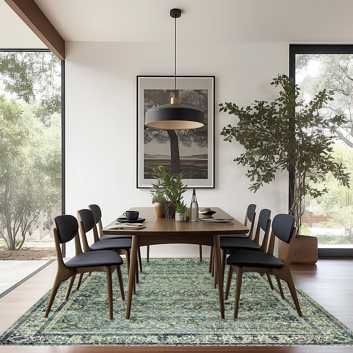 9x12 Area Rugs Washable Rug for Living Room Big Bedroom Under Bed,Faux Wool Soft No Slip Floral Boho Vintage Extra Large Carpet for Dining Room Under Table,9 by 12,Emerald Dark Green