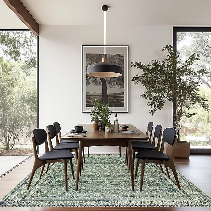 5x7 Area Rugs Washable Rugs for Living Room,Christmas Faux Wool Soft Moody Floral Boho Vintage Oriental Indoor Carpet Rug for Bedroom,5 by 7,Dark Emerald Green