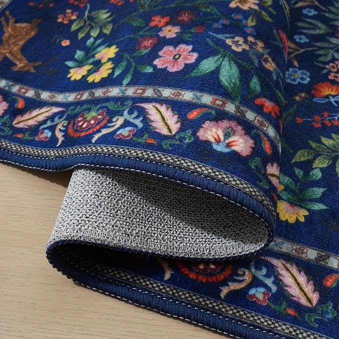 Round Rug 6ft Washable Circle Rug Floral Non Slip Low Pile Small Circular Rug for Bedroom, Bathroom, Entryway, Kids Room, Office(Blue)