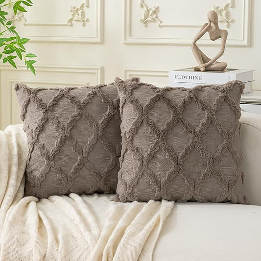 Set of 2 Soft Moroccan Throw Pillow Covers 22x22 Inch Plush Boho Decorative Pillow Cover Accent Cushion Case for Couch Sofa Bed, Deep Grey