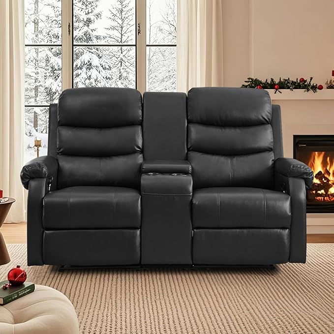 Loveseat Reclining Sofa, Home Theater Seating with Center Console, RV Recliner Sofa with Cup Holders and Pockets, Manual Double Seater Recliner for Living Room, Motor Home, Cinema(Black)