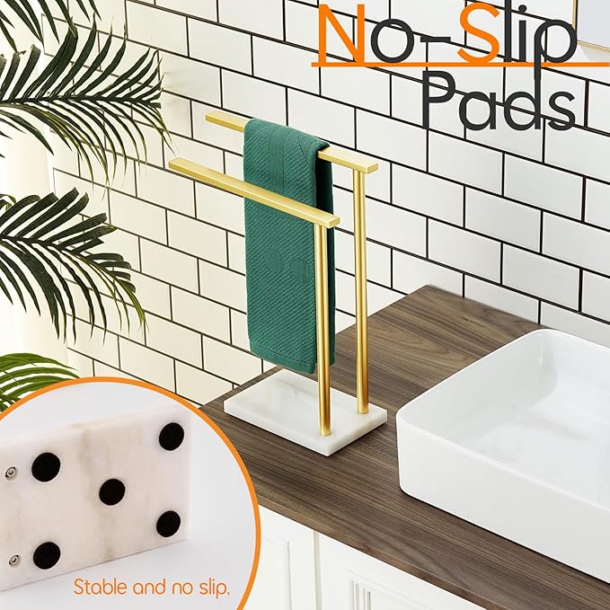 Hand Towel Bars for Bathroom Vanity Countertop 2-Tier Towel Rack Holders Stand with Heavy Marble Base Thicken Steady, Brushed Gold Stainless Steel AN7003GD
