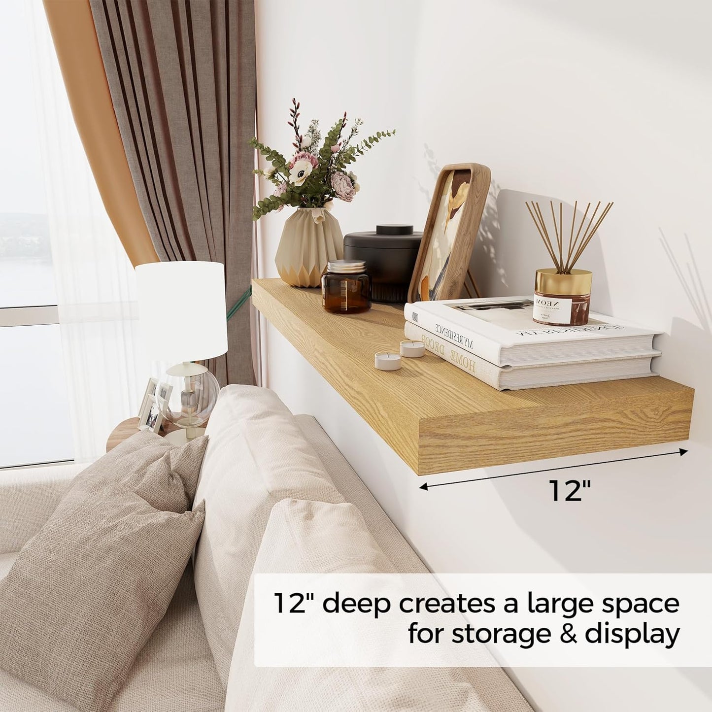 Floating Shelves 36 Inch Long, 12 Inch Deep Floating Shelves for Wall, 36 x 12 Shelves for Wall Storage & Display, 2" Thick Floating Shelf for Bathroom, Living Room, Bedroom, Oak Color, Set of 1