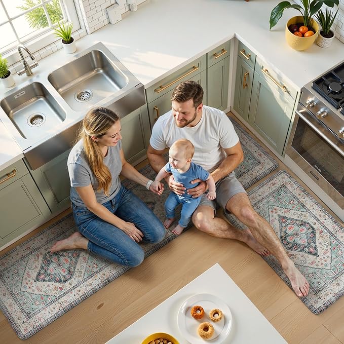 KIMODE Anti Fatigue Kitchen Mats for Floor 2 Piece, Non Slip Cushioned Kitchen Floor Mats, Comfort Memory Foam Standing Desk Mats for Laundry Office Sink Blue 20"x71"+20"x32"