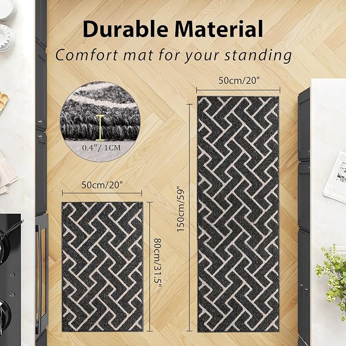 hicorfe Kitchen Rugs and Mats Sets,Non-Slip 2 Pieces Absorbent 100% Polypropylene Rug,Comfort Kitchen Runner Mat,Washable for Kitchen,Sink,Laundry(20" x 31.5" Plus 20" x 59",Black)