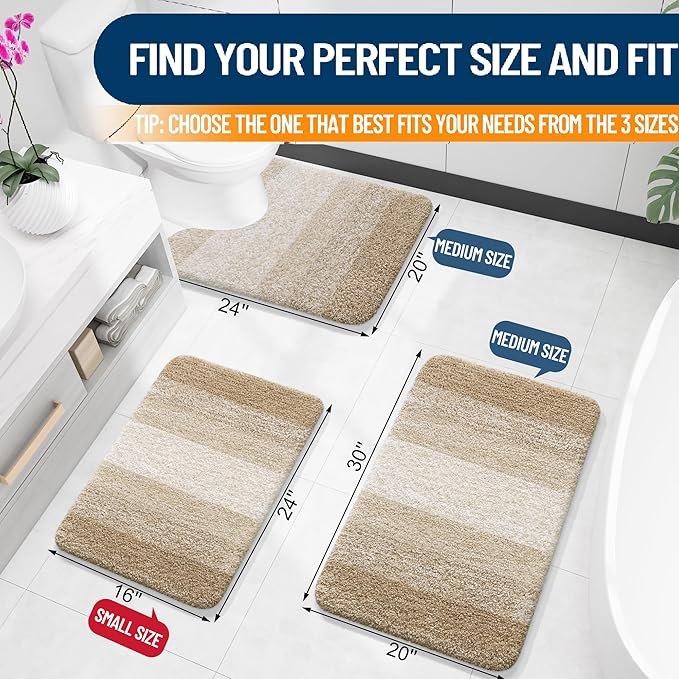 OLANLY Bathroom Rug Set 2 Piece, Soft Absorbent Microfiber Bath Mats and U-Shaped Contour Toilet Rug, Non-Slip, Machine Wash Dry, Plush Shaggy Bath Mats for Bathroom (24"x16"+24"x20", Tan)
