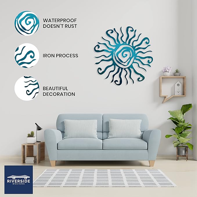 Wacky Sun Metal Wall Art Indoor/Outdoor Decor - 18" Teal Rust Proof Wall Sculpture - Made in USA - Ideal for Bedroom, Garden, Home, Patio and Farmhouse