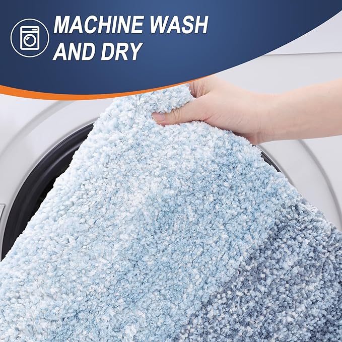 OLANLY Bathroom Rug Set 2 Piece, Soft Absorbent Microfiber Bath Mats and U-Shaped Contour Toilet Rug, Non-Slip, Machine Wash Dry, Plush Shaggy Bath Mats for Bathroom (24"x16"+24"x20", Blue)