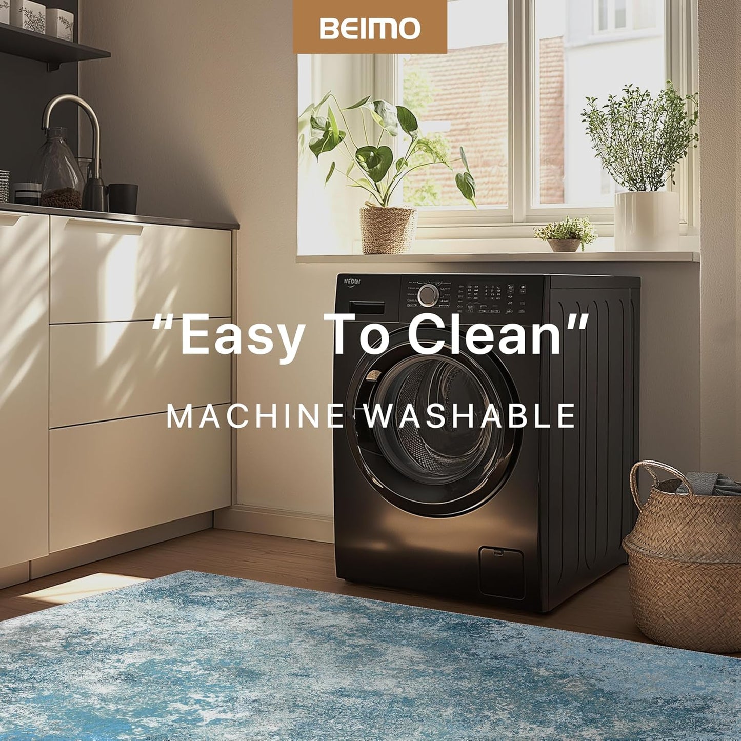 Area Rugs 8x10 for Living Room Bedroom, Modern Abstract Machine Washable Rug, Large Soft Low Pile Floor Carpet with Non Slip Backing for Dining Room, Ice Blue Beige