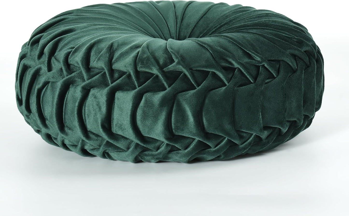 HIG Set of 2 Decorative Round Pleated Throw Pillows, Classy Accent Pumpkin Throw Pillows with Center Button, Vintage Velvet Floor Pillows for Sofa Vanity Chair Bed, Emerald, 14.5" Diameter(Ripple)